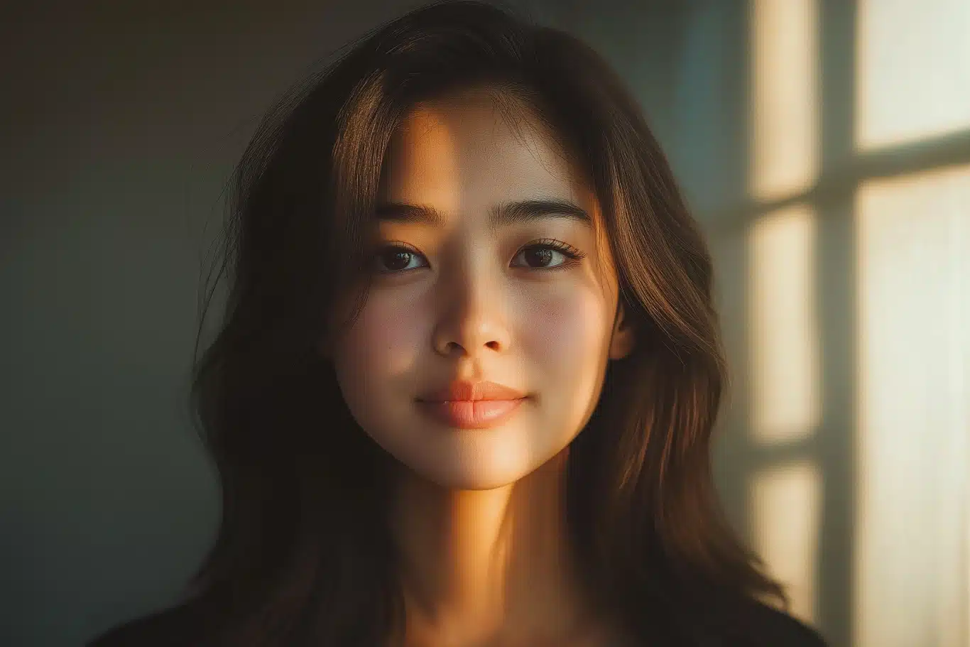 woman sculpted cheekbones portrait Young woman with flawless skin in soft natural light